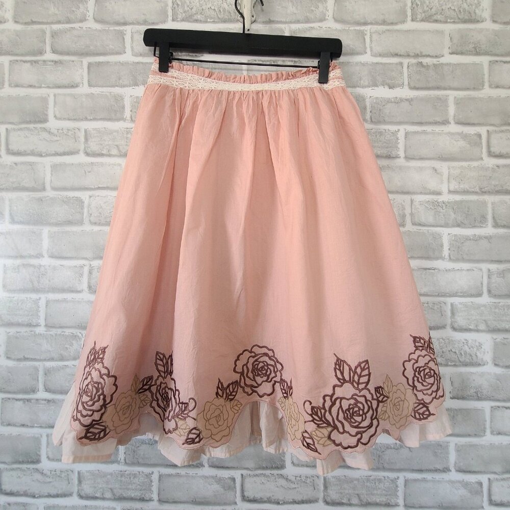 Garnet Hill Pink Embroidered Cotton Skirt Floral Romantic Cottagecore Size 4